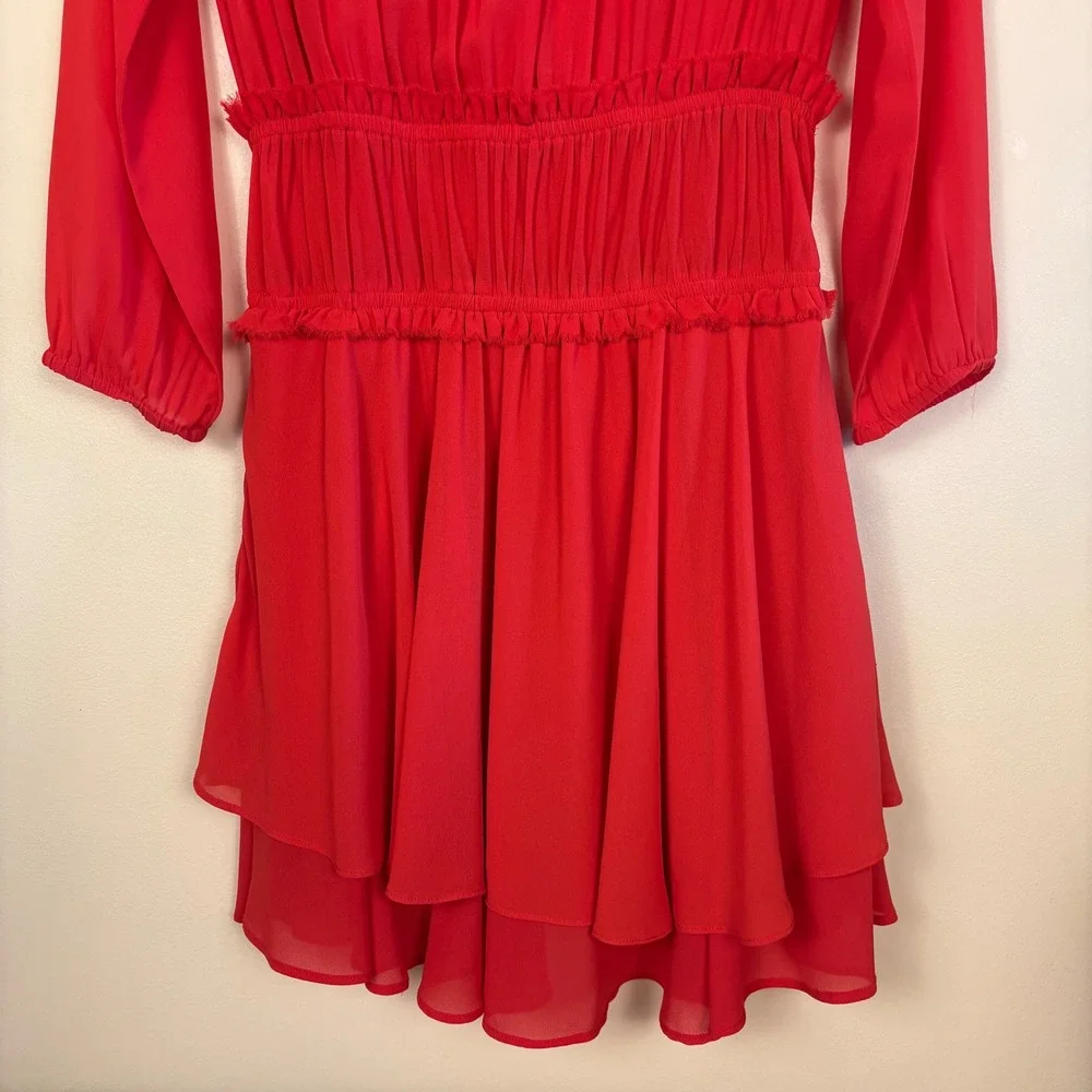 MAJE Rulla Shirred Waist Mini Dress Red Women Size 1 Small Ruffle Skirt Slip